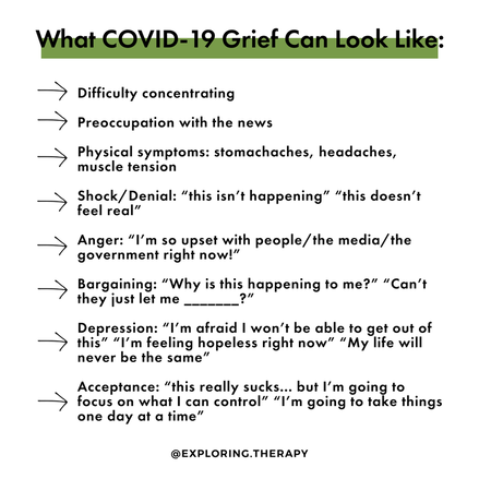 What COVID-19 Grief Can Look Like infographic from Dr. Therese at @exploring.therapy 