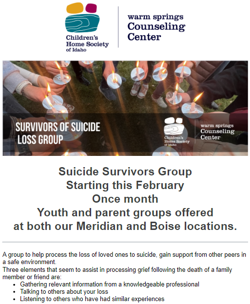 Survivors of Suicide Loss Support Groups for Junior and Senior High School Students ages 13-18.