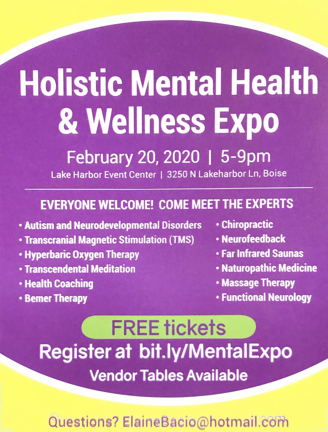 Holistic Mental Health & Wellness Expo, February 20, 2020 from 5-9pm at Lake Harbor Event Center flyer