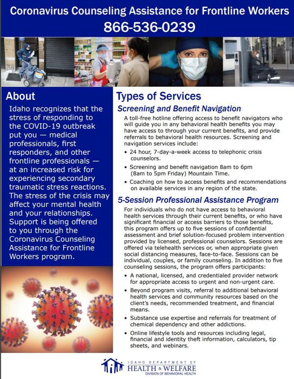 Coronavirus Counseling Assistance for Frontline Workers: 866-536-0239