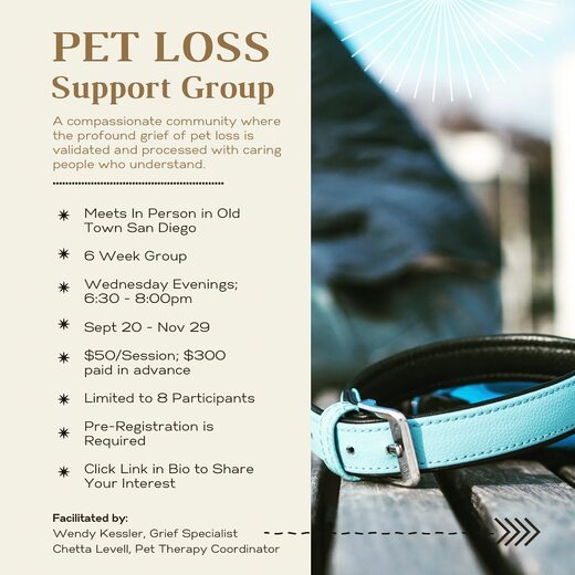 Pet Loss Support Group Grief Guide Consulting Office in Old Town San Diego, California Wednesday Evenings From 6:30 - 8:00 PM PST, Six Weeks, Beginning September 20, 2023 